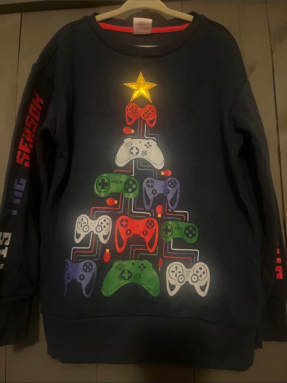 Holiday Time Navy Sweatshirt with Colorful Controller Tree Graphic